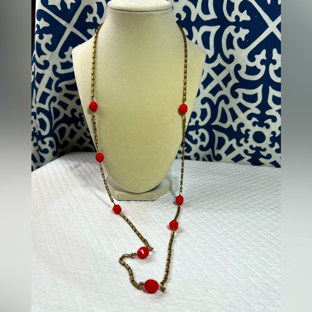Designer J. Crew Gold-Tone Orange Bead Double Strand Link Chain